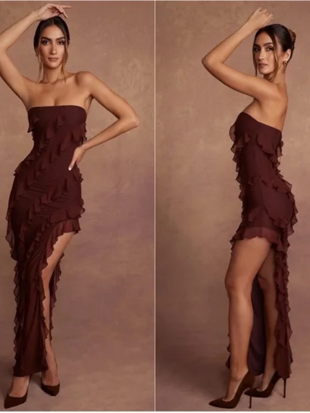 Oh Polly Strapless Ruffle High-Slit Dress - Chocolate